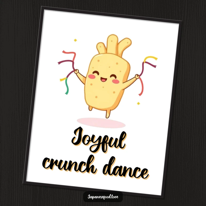 Funny Tempura Poster: Art print of happy fried food dancing with streamers, adding humorous energy to wall decor.