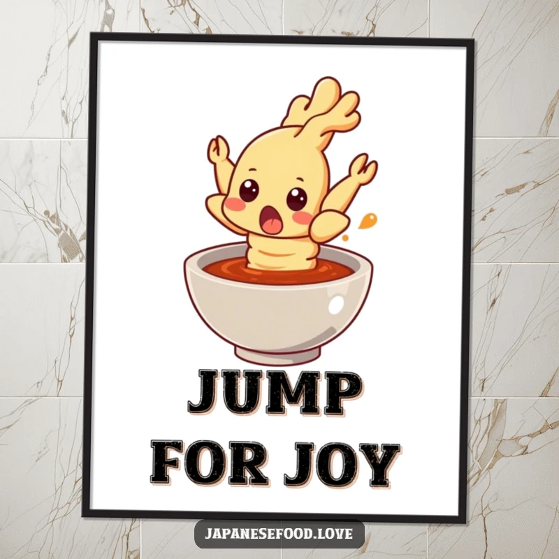 Funny tempura shrimp poster, a shocked shrimp mid-air out of a sauce bowl, humorous food-themed wall art for home decor.