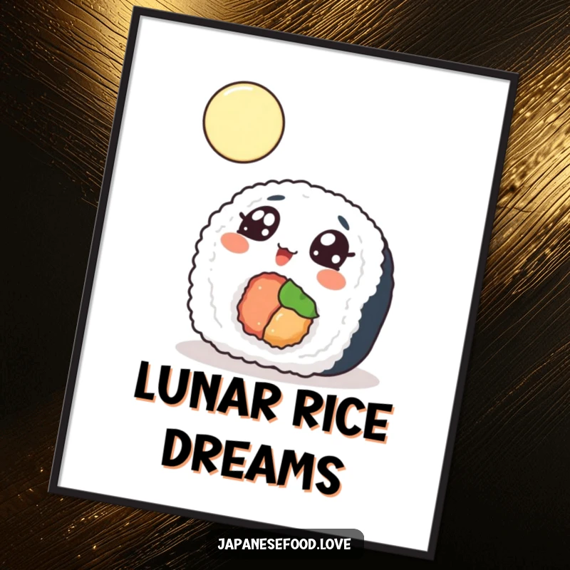 Funny Poster of a sushi roll with wide eyes looking up at the moon, adding a charmingly humorous and cosmic touch.