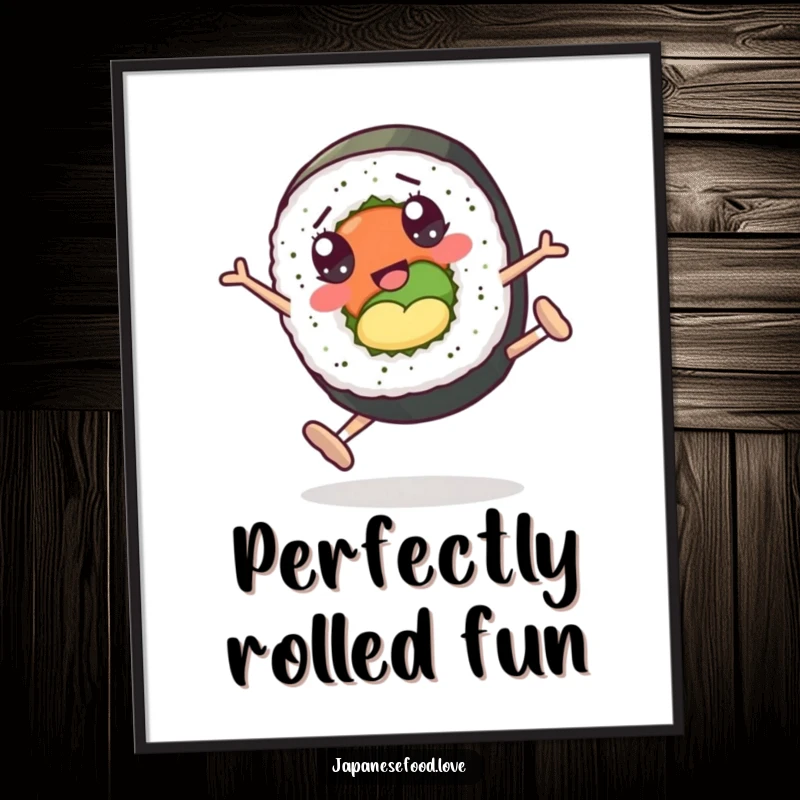 Funny poster art featuring a sushi roll character with googly eyes doing energetic cartwheels, full of cartoon whimsy.
