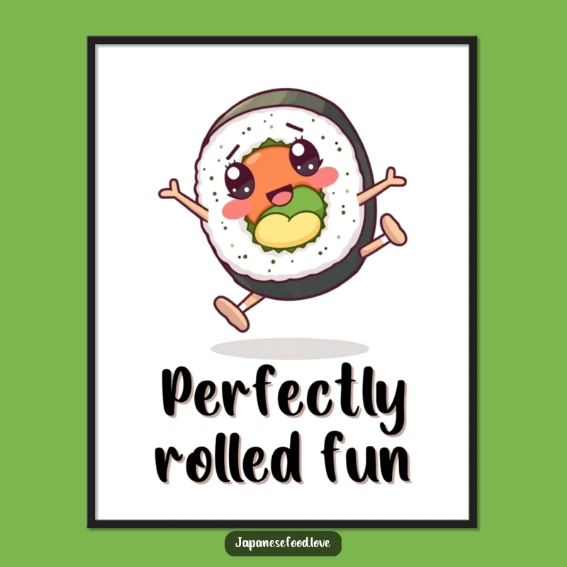 Funny Sushi Roll Cartwheel Poster: Whimsical Cartoon Art for Your Walls
