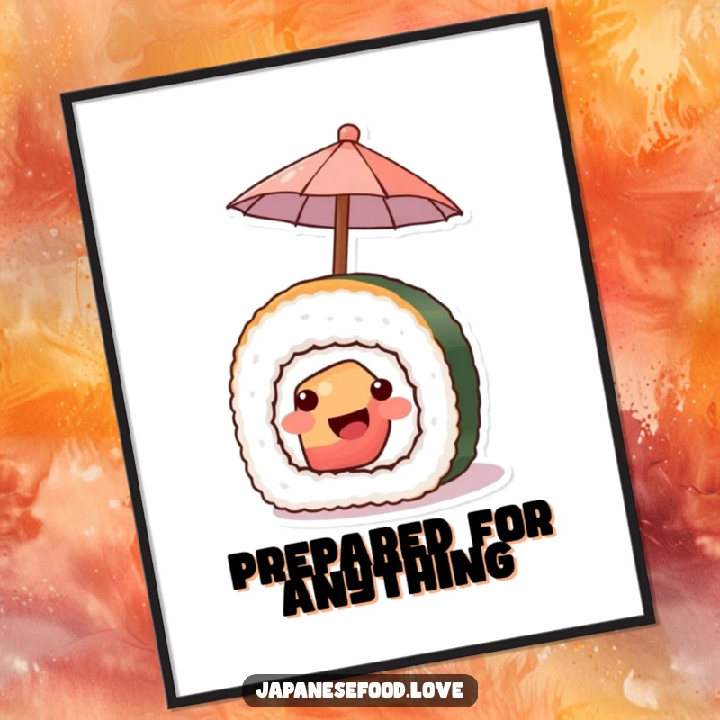 Funny poster of a smiling piece of sushi holding a tiny umbrella, a delightful and humorous Japanese food illustration.