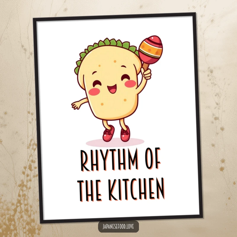 Funny poster of a cute taco character happily dancing with a maraca, creating a lively and festive atmosphere.