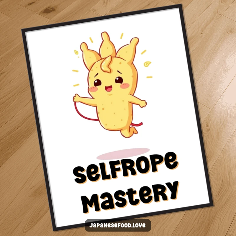 Funny poster of a radiant tempura piece happily jumping rope with its strand, embodying active joy and energy.