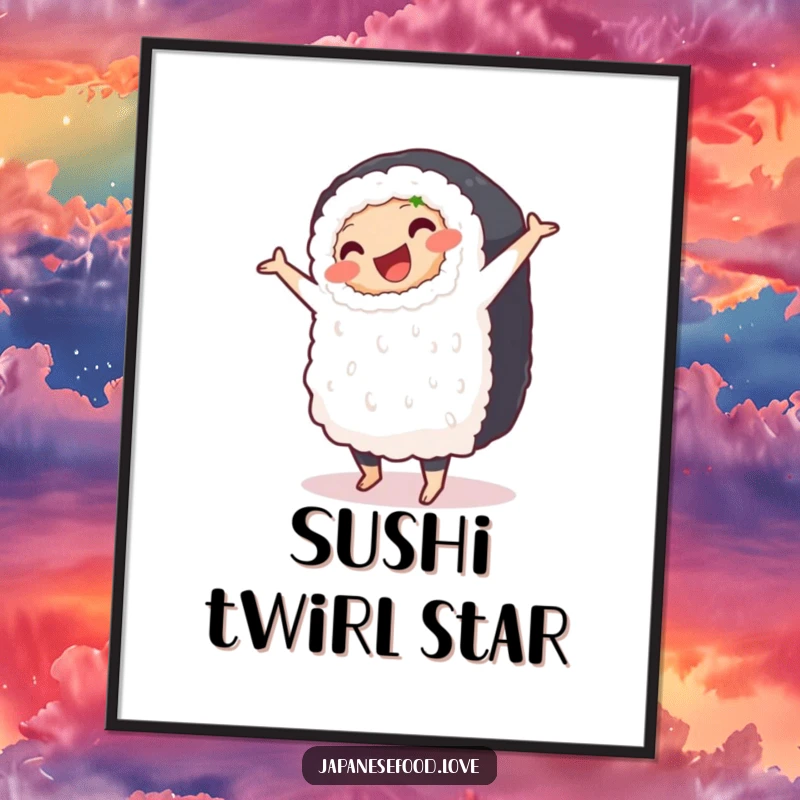 Funny poster print of a plump, smiling sushi roll performing a clumsy pirouette, adding whimsical decor.