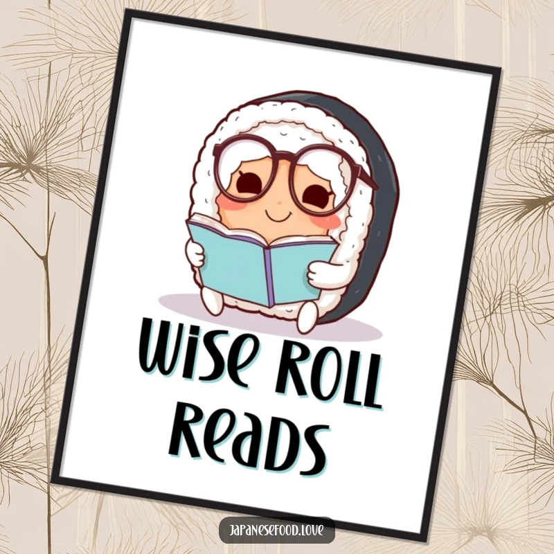 Funny Sushi Poster: Art print of a smiling sushi roll with spectacles reading, adding humorous intellect to wall decor.
