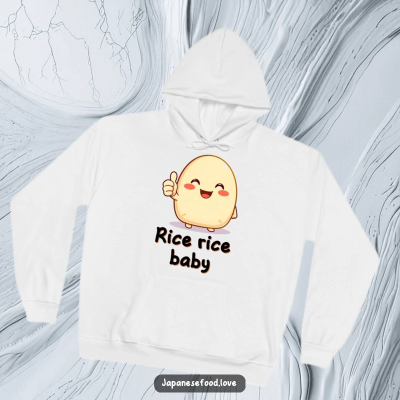 Funny onigiri hoodie featuring a joyous rice ball character giving a cheerful thumbs up, designed for warmth and positive energy.