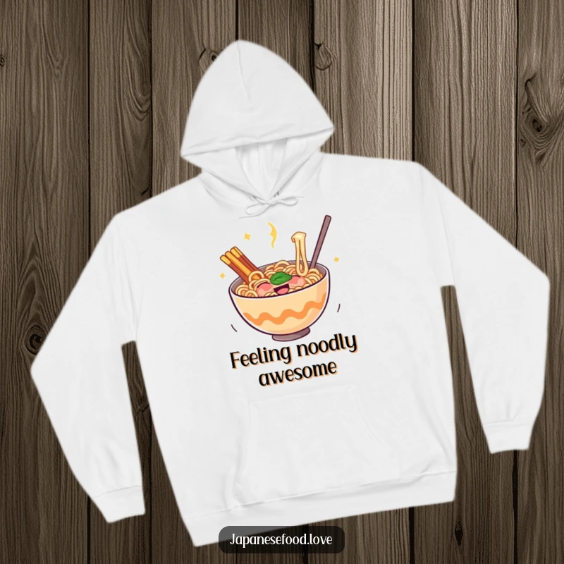 Funny ramen hoodie featuring a bouncing bowl of noodles filled with glee, designed for ultimate comfort and cheerful vibes.