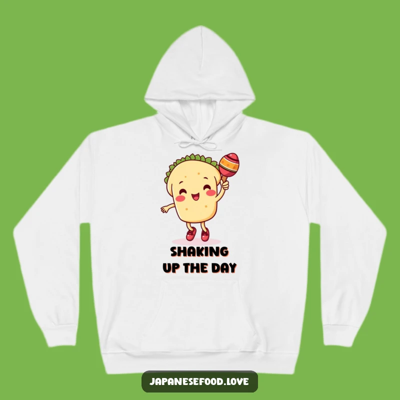 Cozy Funny Taco Hoodie: Dancing Character with Maraca, Fiesta Warmth Gift
