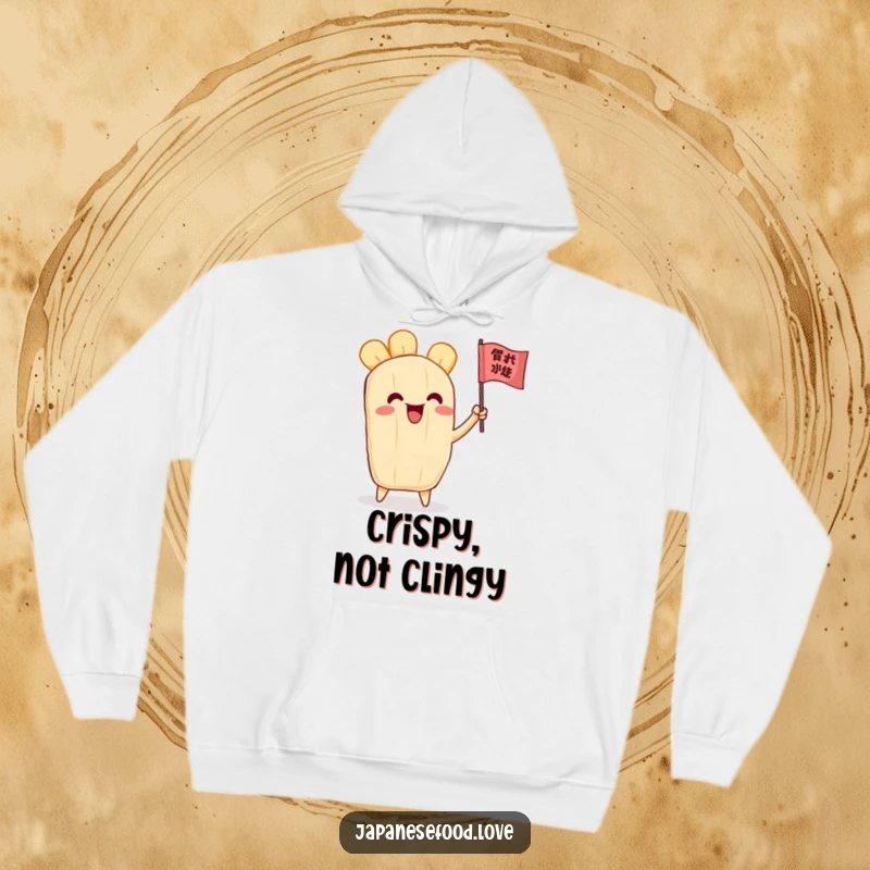 Funny hoodie print of a delighted tempura piece character waving a small flag with immense excitement, perfect for cozy, happy moments.