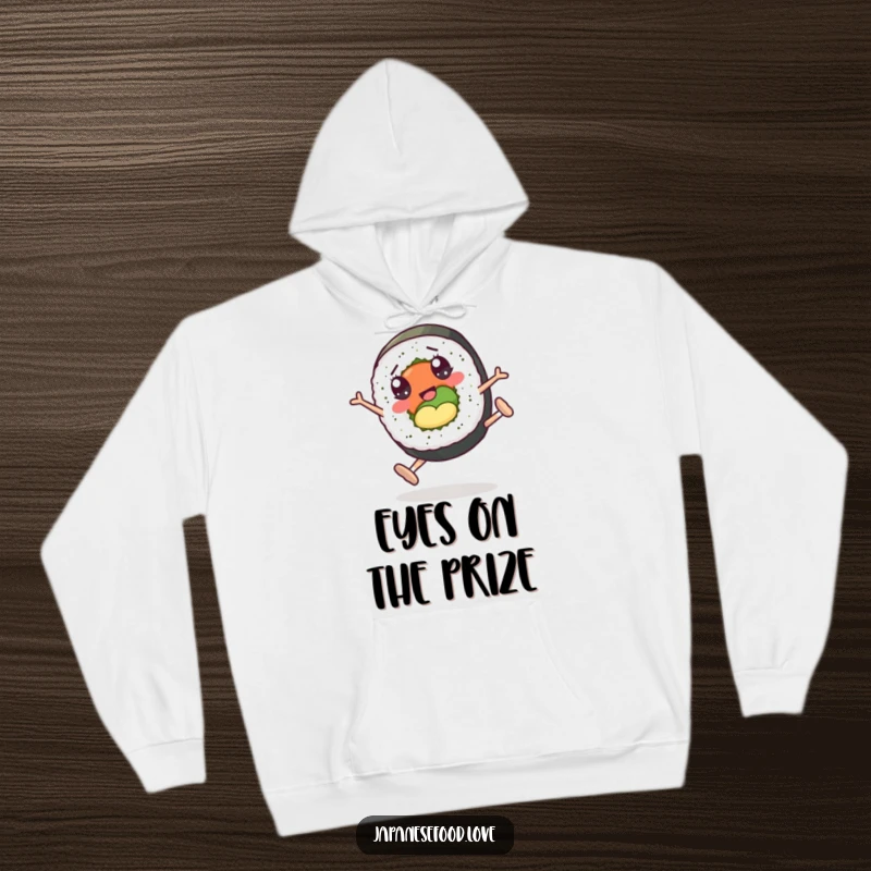 Funny hoodie design featuring a googly-eyed sushi roll character mid-cartwheel, radiating playful energy and cartoon charm.