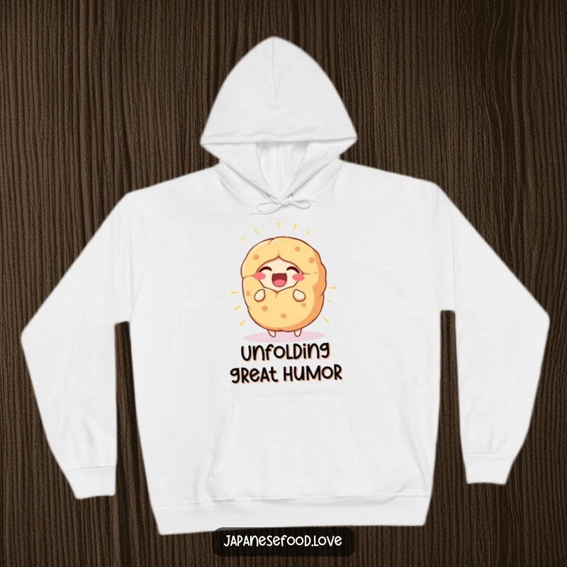 Funny Hoodie depicting a giant fortune cookie character bursting with laughter, offering warmth and cheerful vibes.