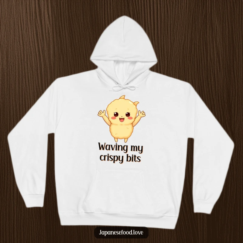 Funny hoodie featuring a happy tempura piece with little arms waving enthusiastically, a humorous and cheerful food character design, great for a funny gift.