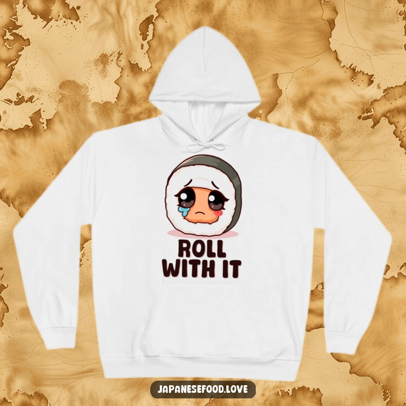 Funny sad cute sushi roll with a giant eye wiping a tear on a hoodie, providing cozy, humorous comfort.