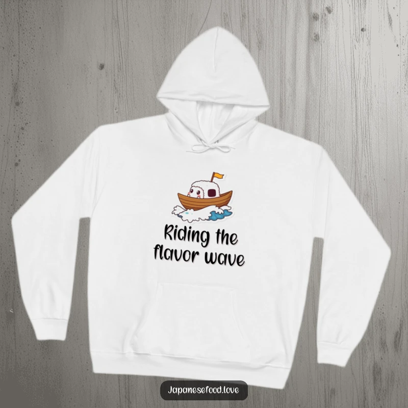 Funny hoodie with a gleeful sushi boat character sailing on a foamy wave, bringing nautical fun and comfort.