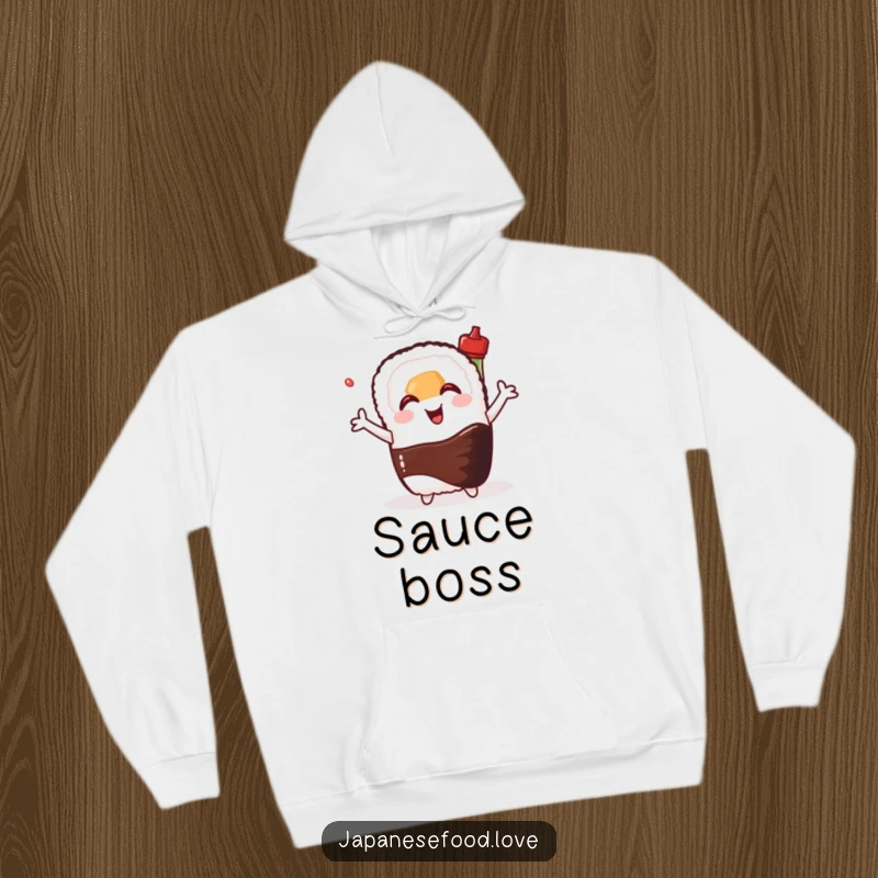 Funny hoodie showcasing a happy sushi roll with outstretched arms hugging a smiling soy sauce bottle, offering warmth and foodie charm.