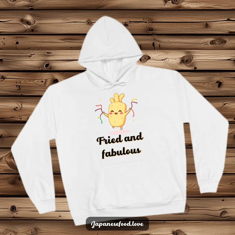 Funny Tempura Hoodie: Soft hoodie featuring happy fried food dancing with streamers, offering humorous warmth and cheer.