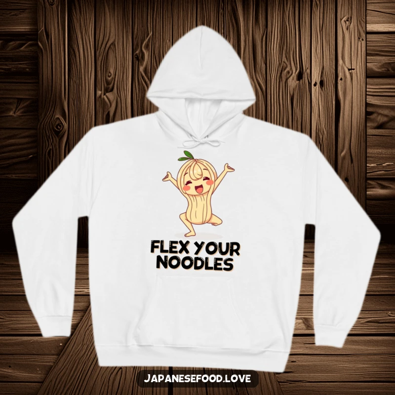 Funny wobbly ramen noodle hoodie, a character in a stretchy yoga pose, comfortable and humorous apparel for relaxation and lounging.