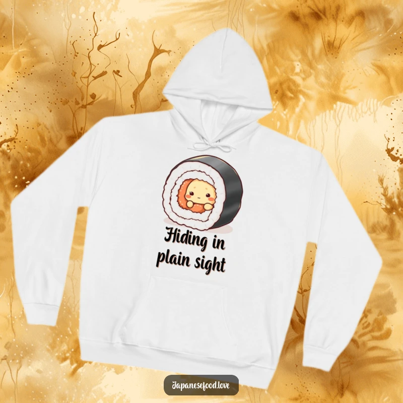 Funny hoodie displaying a timid tempura piece peeking from behind a large sushi roll, offering cozy, humorous style.