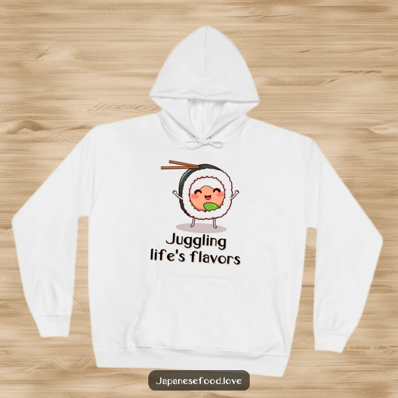 Funny sushi hoodie depicting a smiling sushi roll with tiny legs, juggling chopsticks with delightful enthusiasm.