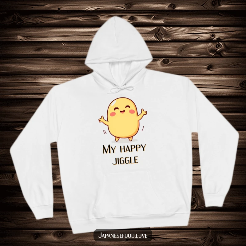 Funny hoodie with a smiling tamagoyaki character doing a wiggly dance, perfect for cozying up with a food-lover's humor.
