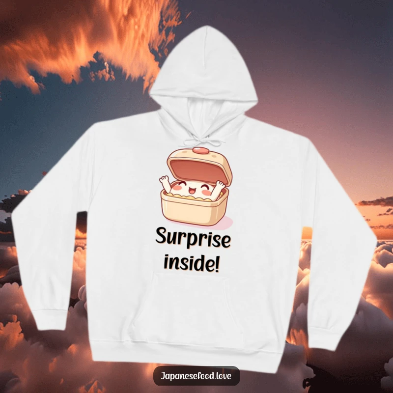 Funny hoodie depicting a smiling bento box character making energetic lid movements, perfect for cozy, humorous lounging.