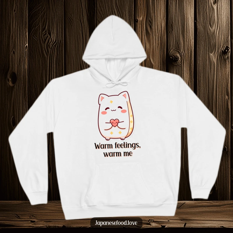 Funny Taiyaki hoodie showcasing a smiling pastry character extending a tiny heart to a companion, perfect for gifting.