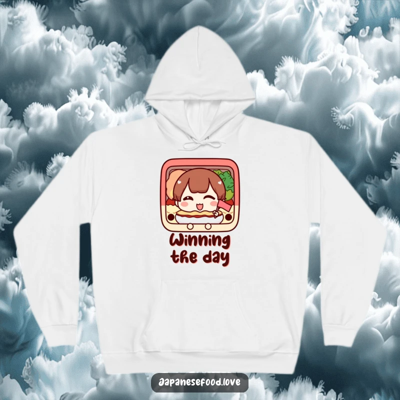 Funny hoodie with a happy bento box character winking and holding a tiny flag, offering cozy cheer.
