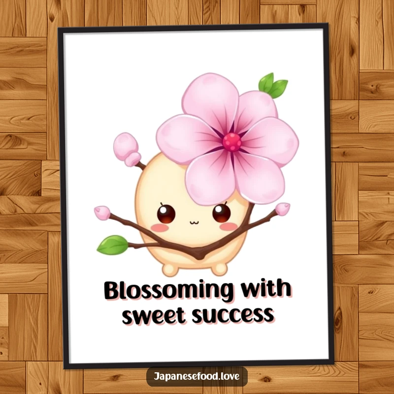 Funny Free Printable Wall Art: A shy mochi with wide eyes peeks from behind a vibrant cherry blossom.