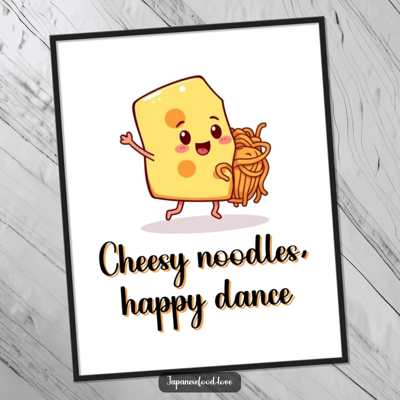 Funny Free Printable Wall Art: A slice of cheese with legs happily dances with a noodle friend, whimsical downloadable art.
