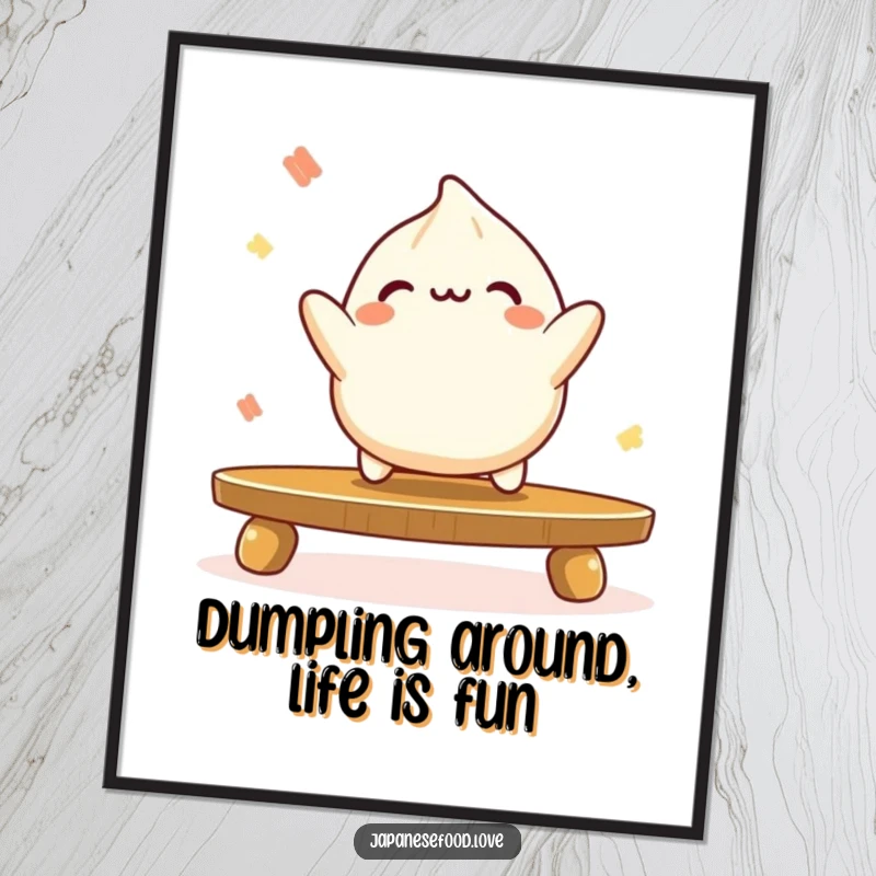 Funny Free Printable Wall Art: A playful dumpling character bounces energetically like a ball on a table. Fun downloadable decor.