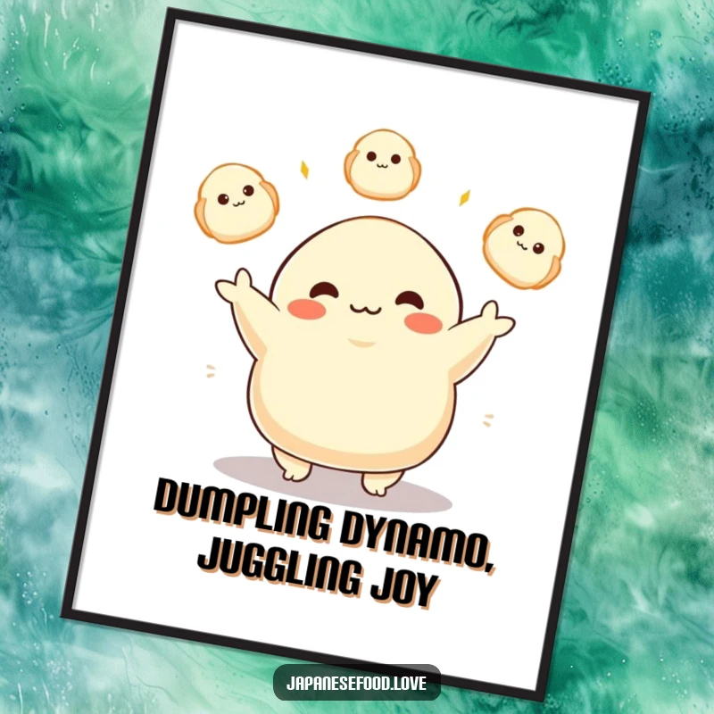 Funny Free Printable Dumpling Wall Art: Plump dumpling character skillfully juggling three glowing dumplings with pure joy.