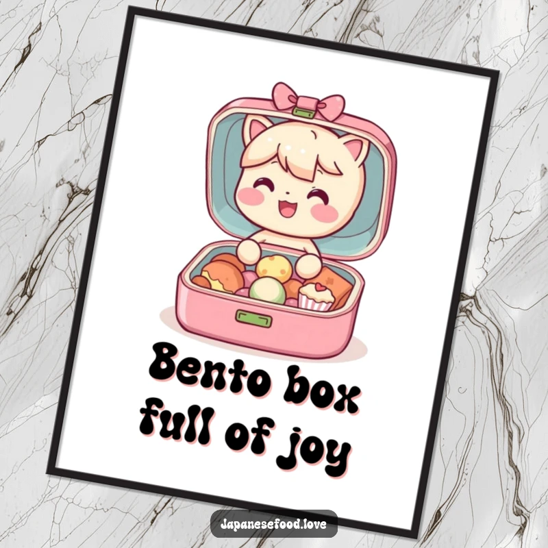 Funny Free Printable Bento Box Wall Art: Whimsical character opening to reveal a colorful array of tiny, delicious treats.