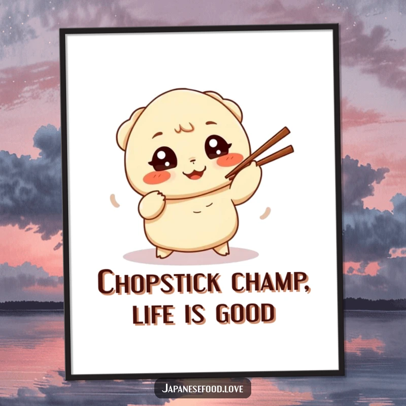 Funny Free Printable Dumpling Wall Art: Cheerful dumpling with wide eyes, comically attempting to juggle chopsticks, a fun foodie illustration.