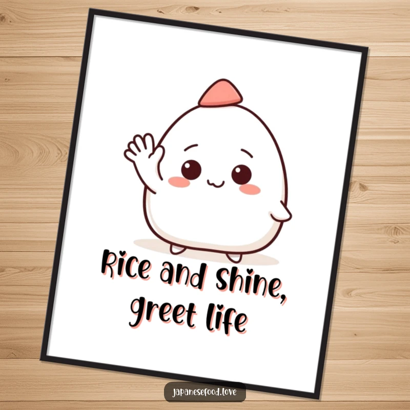 Funny Free Printable Wall Art: A smiling onigiri character wearing a tiny hat, waving enthusiastically, adding cute decor, downloadable.