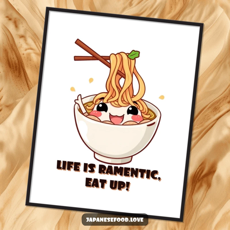 Funny Free Printable Wall Art: A smiling ramen bowl joyfully gestures with chopsticks, radiating happiness. Vibrant downloadable decor.