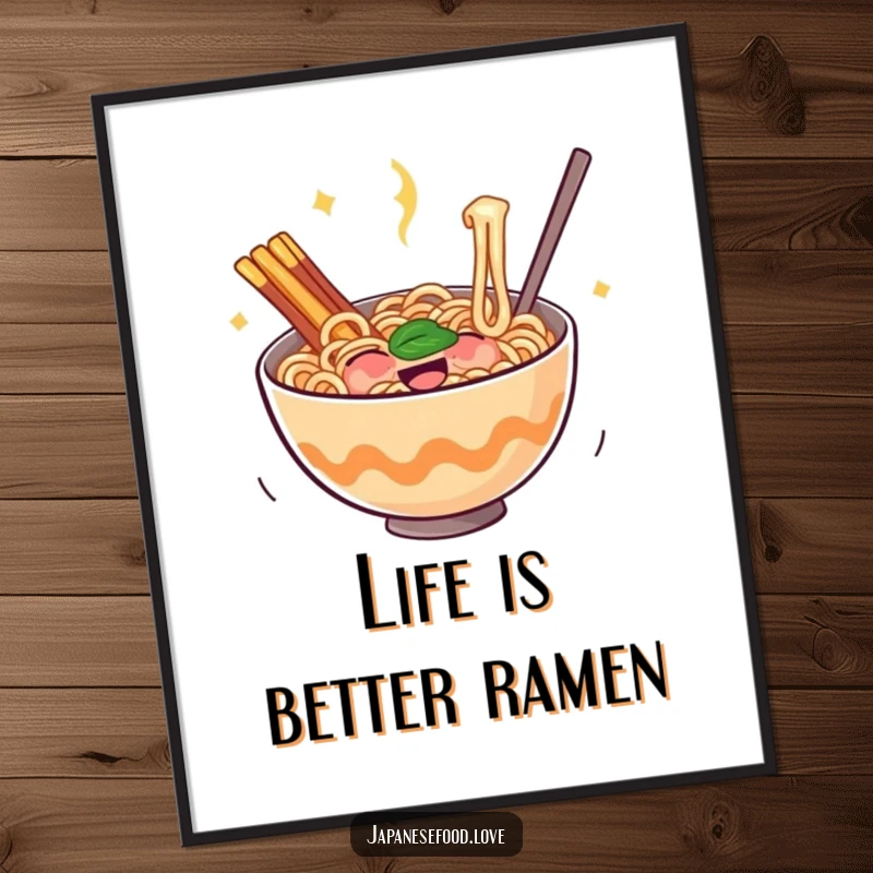 Funny Free Printable Wall Art of a bouncing bowl of ramen noodles expressing pure glee, adding a humorous and joyful touch.