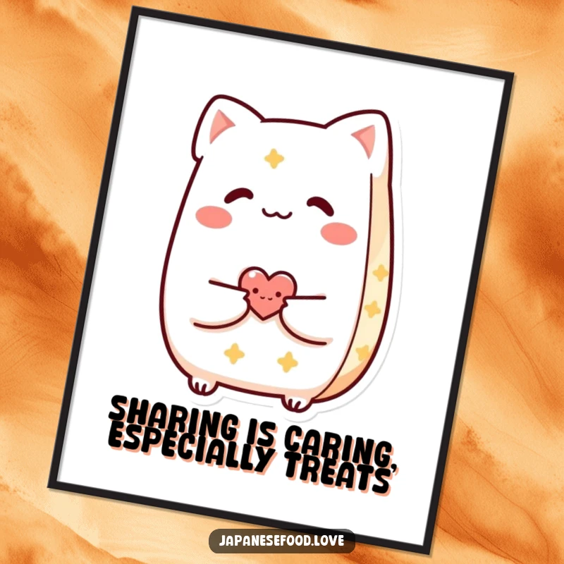 Funny Free Printable Taiyaki wall art, a smiling pastry character sharing a tiny heart, cute and humorous downloadable decor.