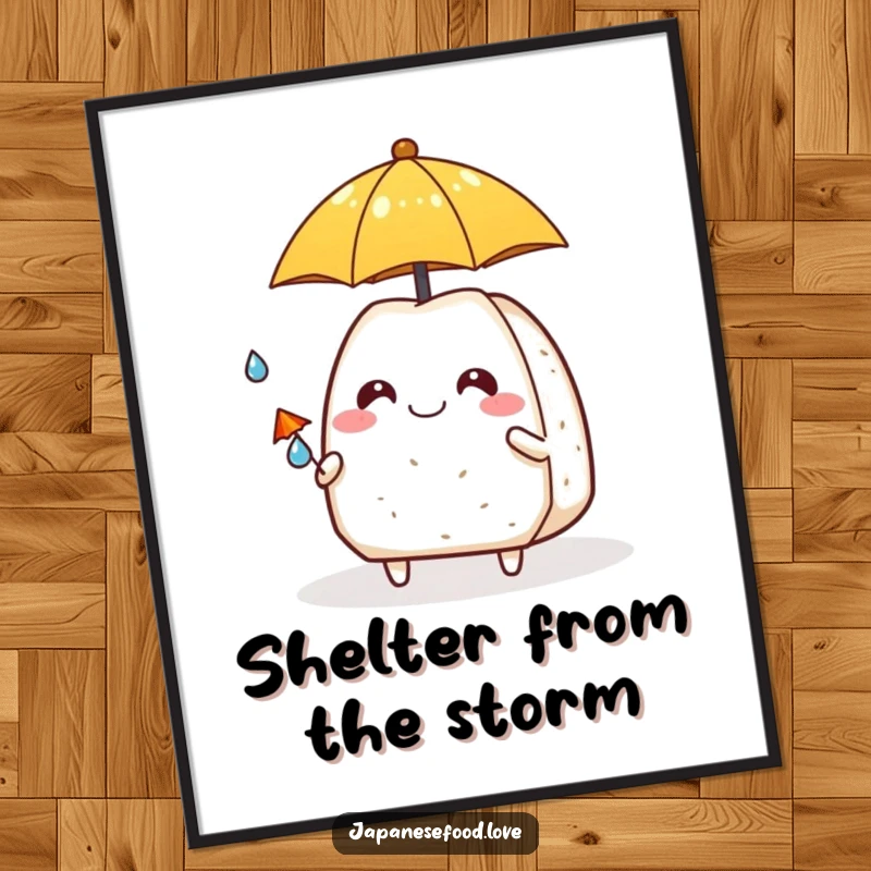 Funny Free Printable Wall Art: A grinning onigiri offers a tiny umbrella to a tiny raindrop, quirky downloadable art for your wall.