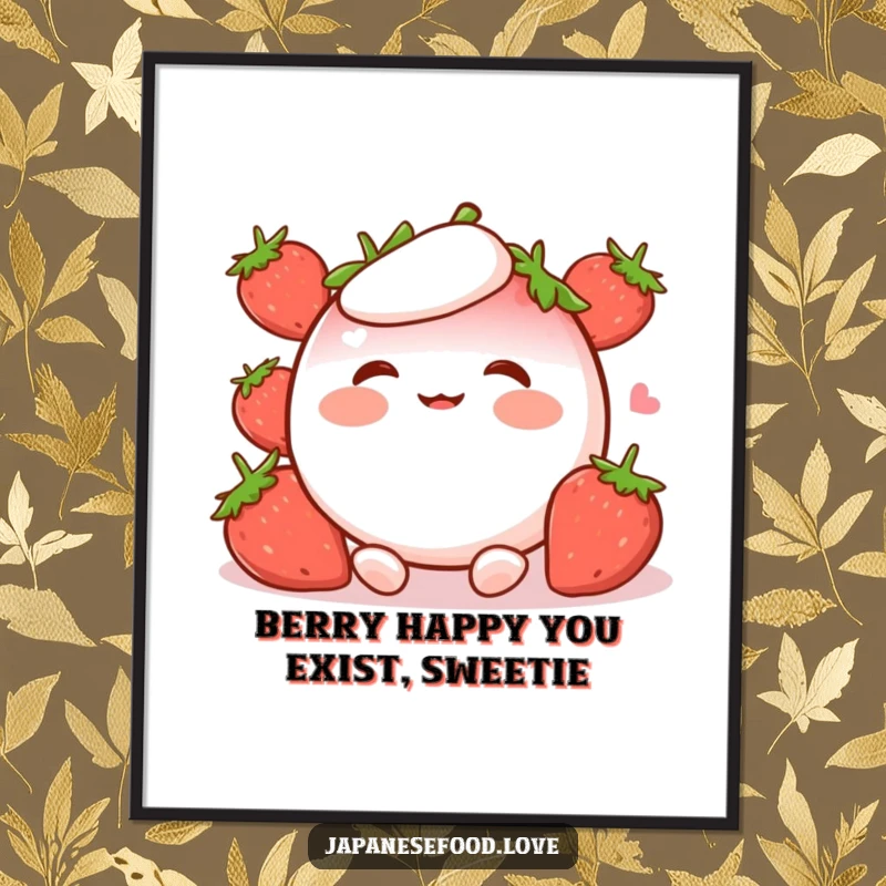 Funny Free Printable Wall Art: A strawberry mochi character with rosy cheeks, caught in a fit of giggles, creating joyful art.
