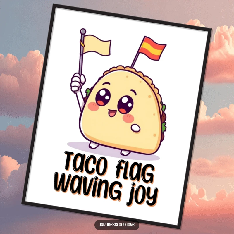 Funny Free Printable Wall Art: A taco with big, round eyes enthusiastically waves a tiny flag, festive downloadable art.