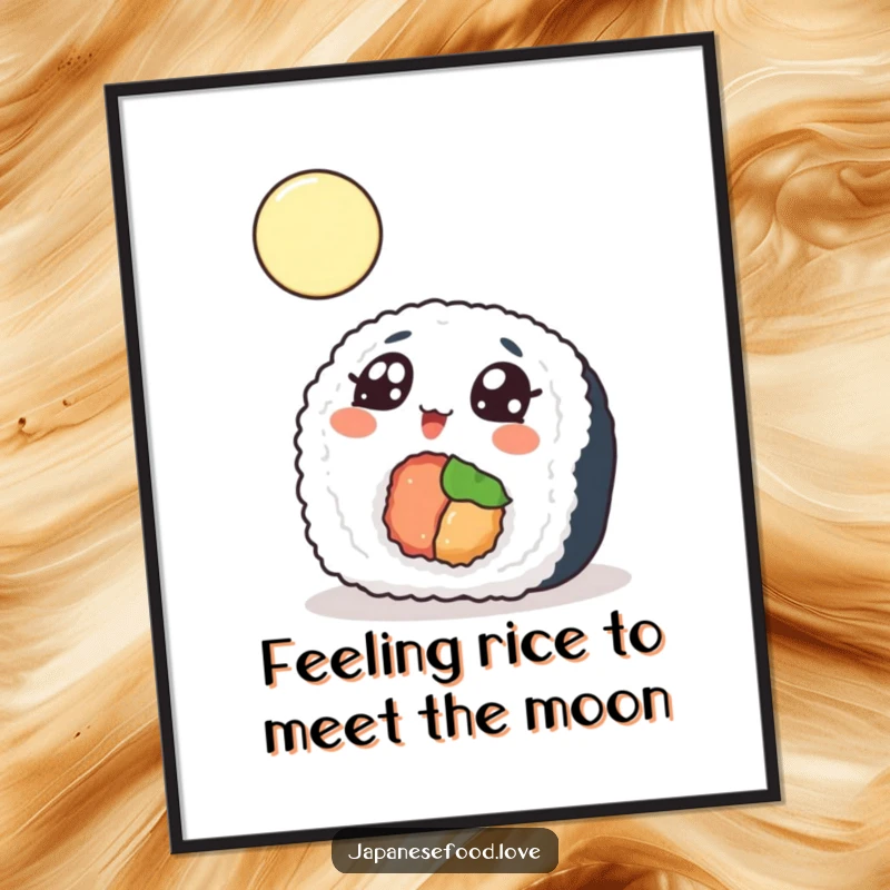 Funny Free Printable Wall Art: A sushi roll with big, wondering eyes looks up at a vast, beautiful moonlit sky.