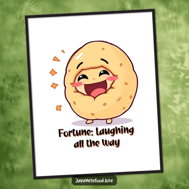 Funny free printable wall art of a giant fortune cookie character doubled over with fits of hilarious laughter.