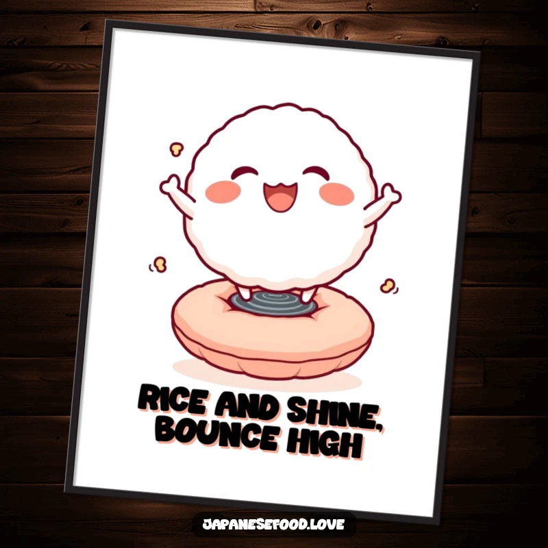 Funny Free Printable Rice Ball Wall Art: Smiling rice ball character in mid-bounce on a springy cushion, radiating joy.