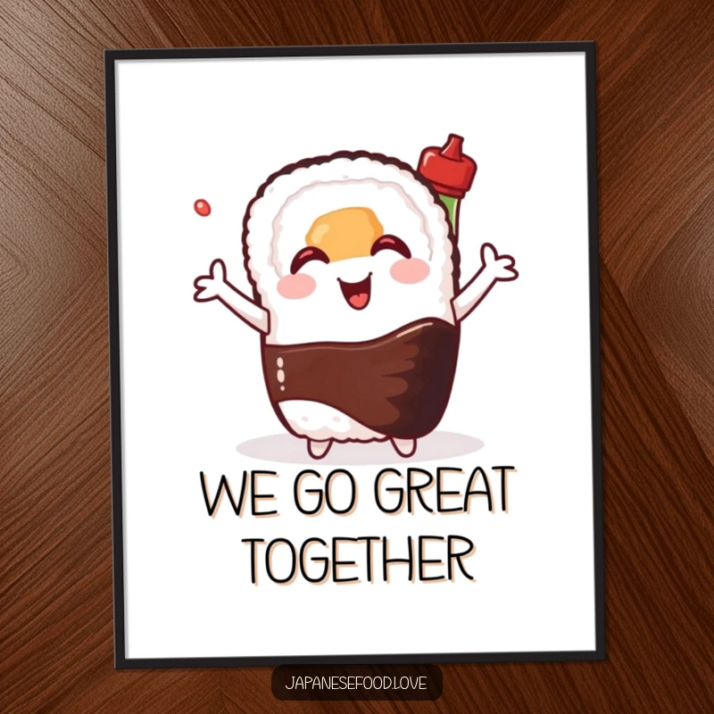 Funny Free Printable Wall Art: A happy sushi roll with arms outstretched hugs a smiling soy sauce bottle.