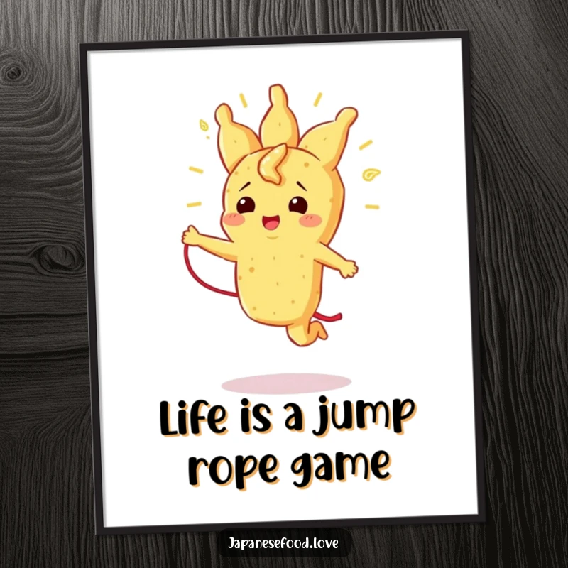 Funny Free Printable wall art showing a radiant tempura piece happily jumping rope with its own crispy strand.