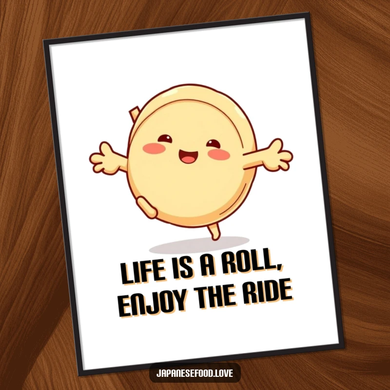 Funny Free Printable Wall Art: A grinning steamed bun character doing a dynamic cartwheel with joy.