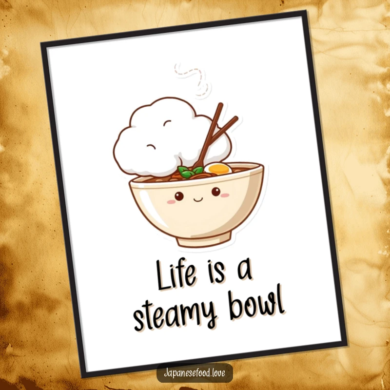 Funny Free Printable wall art of a shy ramen bowl peeking shyly from behind a soft, steaming cloud.