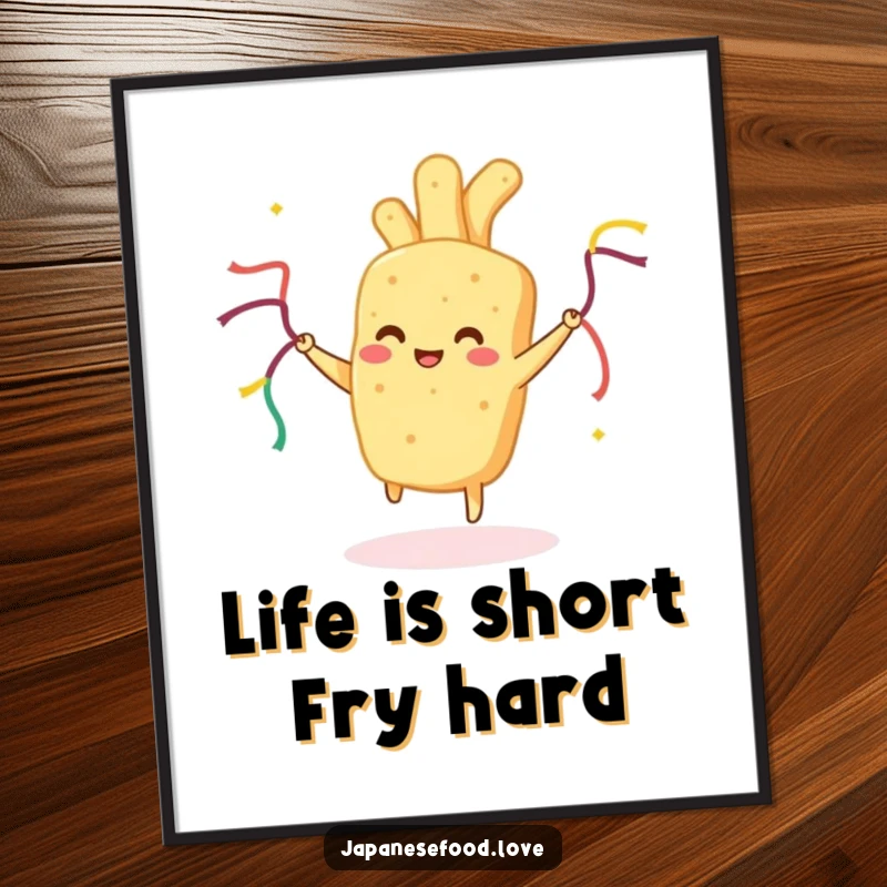 Funny Free Printable Wall Art: A happy tempura piece character doing a lively dance with tiny ribbon streamers.