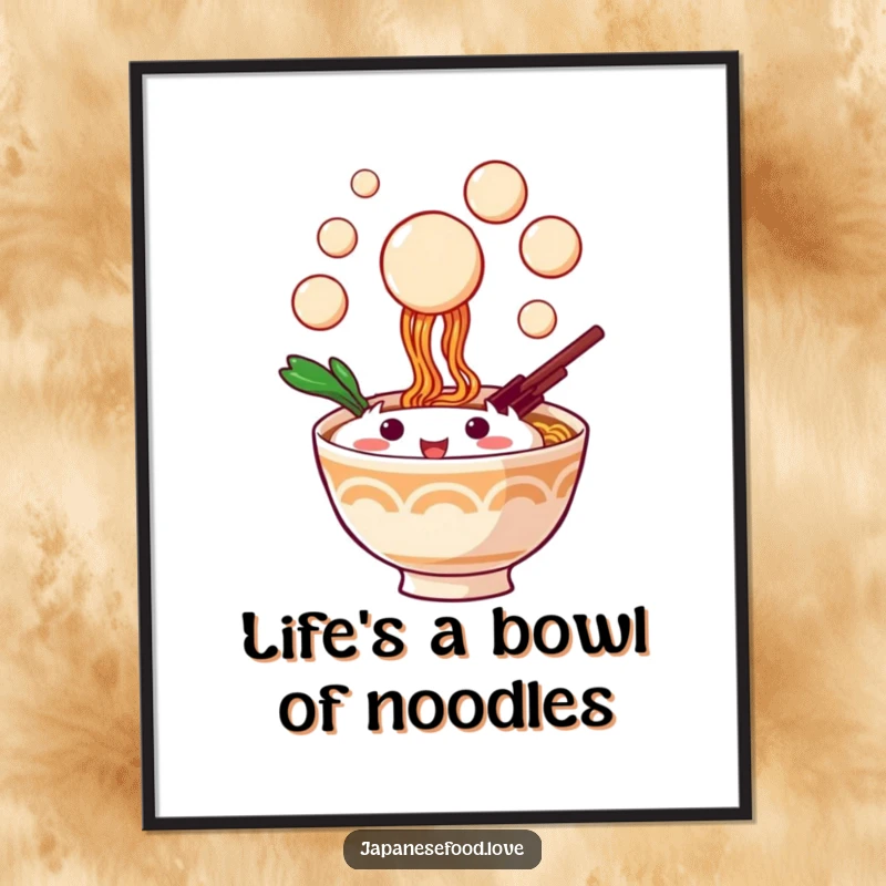 Funny Free Printable Wall Art: Playful ramen bowl character joyfully leaping to catch scattered dango balls, vibrant and fun.